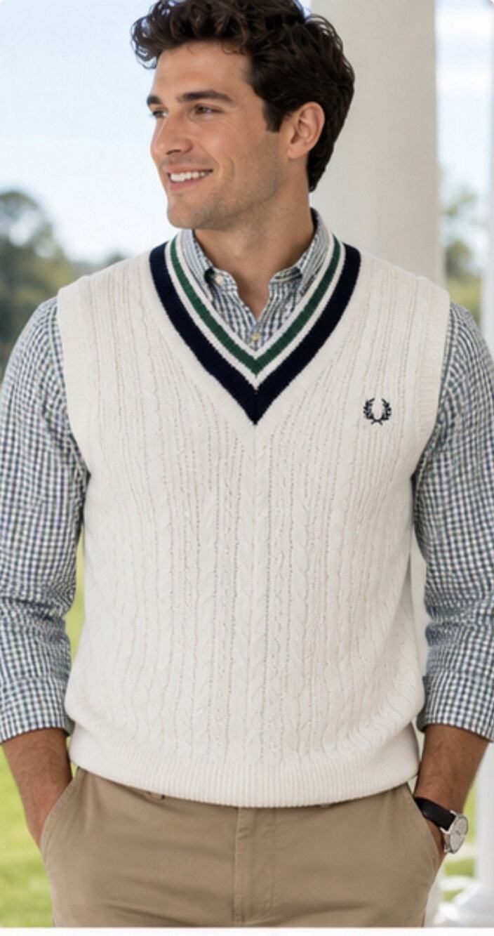 Fred Perry Cable Knit Sweater Vest White Green Navy V-Neck Men’s Large